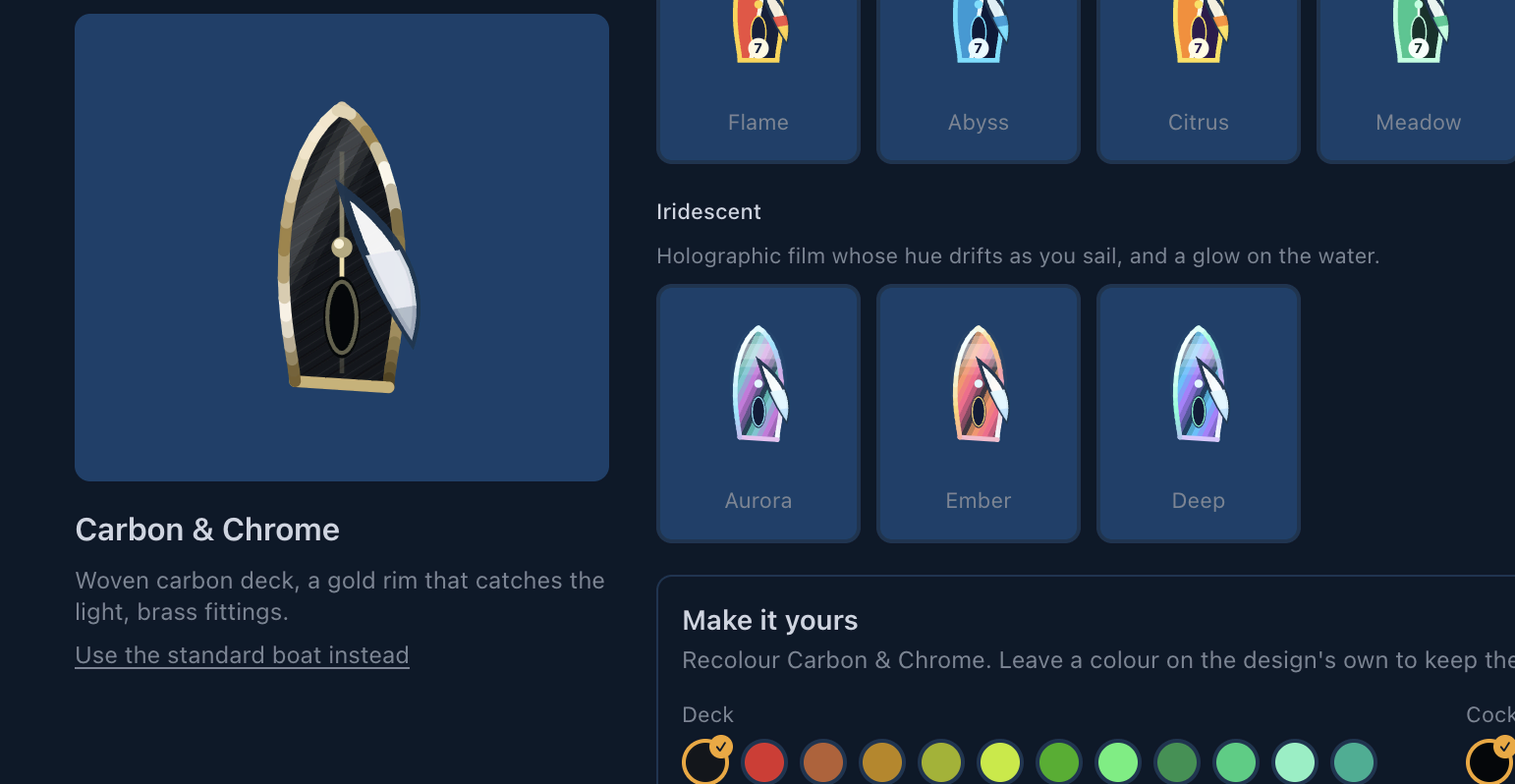 The boat customiser: liveries and a colour picker for deck, cockpit and trim